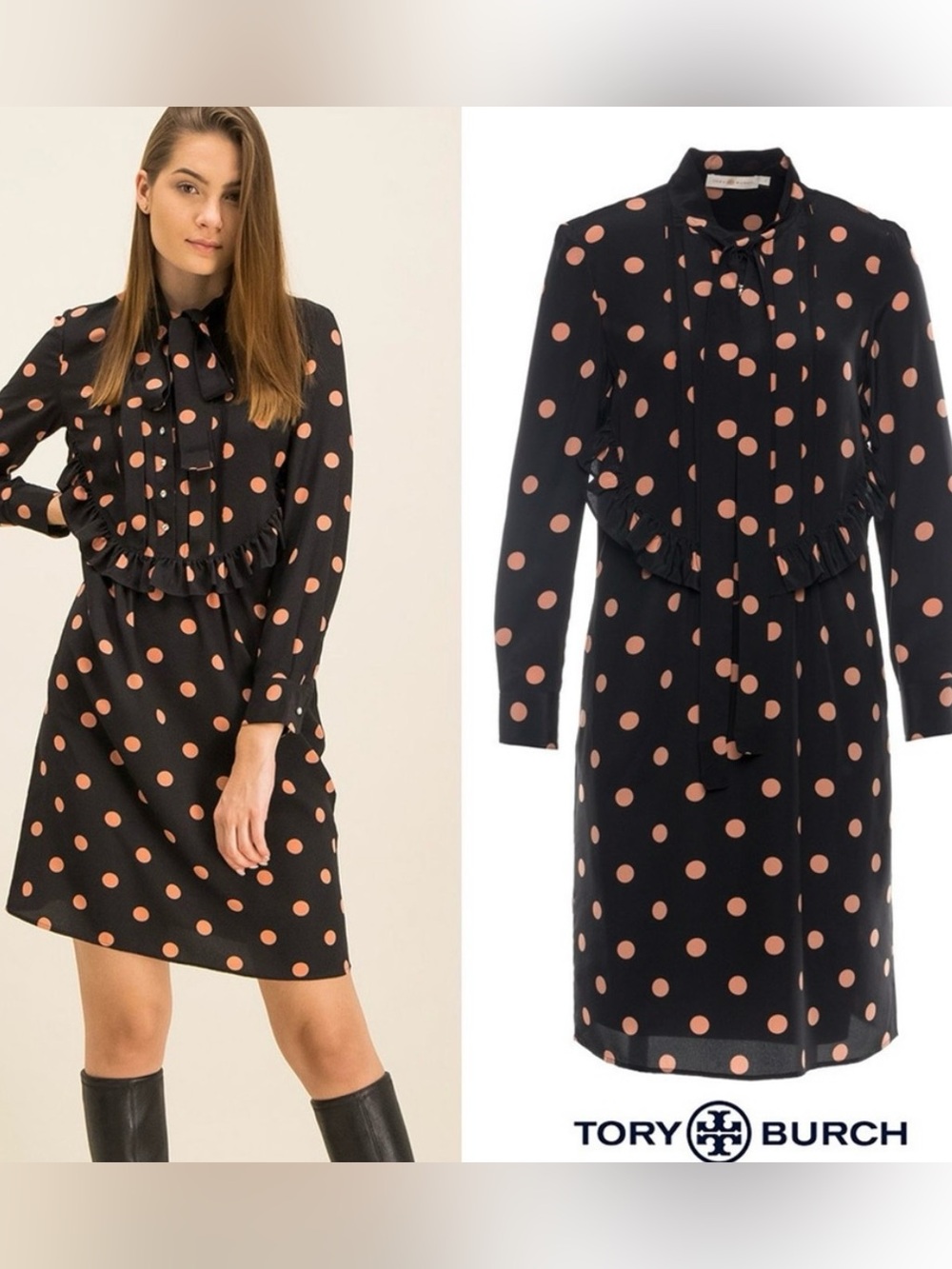 Tory Burch Black Polka Dot Tie-Neck Dress